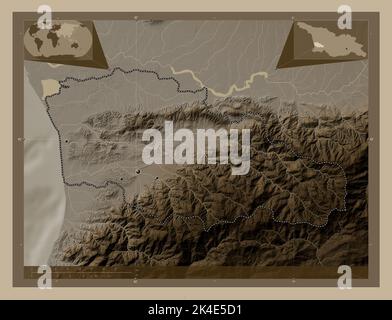 Guria, region of Georgia. Elevation map colored in sepia tones with lakes and rivers. Locations of major cities of the region. Corner auxiliary locati Stock Photo