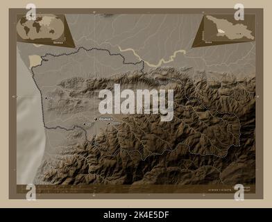 Guria, region of Georgia. Elevation map colored in sepia tones with lakes and rivers. Locations and names of major cities of the region. Corner auxili Stock Photo
