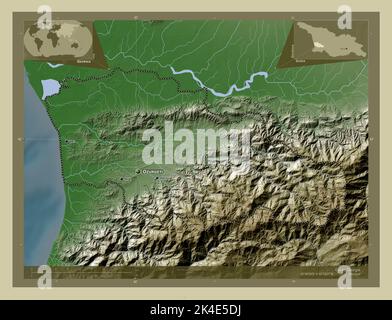 Guria, region of Georgia. Elevation map colored in wiki style with lakes and rivers. Locations and names of major cities of the region. Corner auxilia Stock Photo