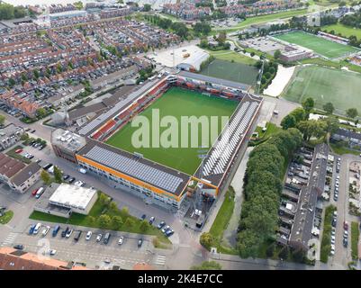 Volendam, 25th of September 2022, The Netherlands. FC Volendam Dutch Eredivisie football club stadium called Kras Stadium exterior view. Aerial drone Stock Photo