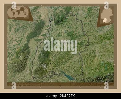 Baden-Wurttemberg, state of Germany. Low resolution satellite map. Locations of major cities of the region. Corner auxiliary location maps Stock Photo