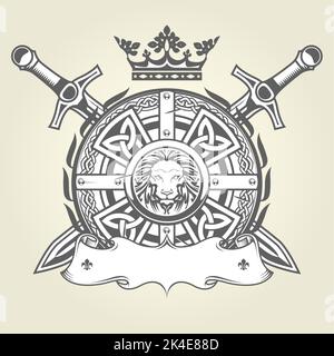 Medieval royal crest with knight armor, ornate shield, crown and crossed, heraldic coat of arms with banner, vector Stock Vector