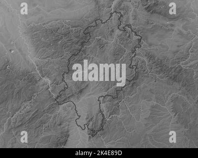 Hessen, state of Germany. Grayscale elevation map with lakes and rivers