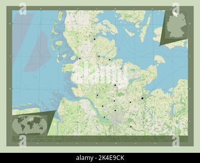 Schleswig-Holstein, state of Germany. Open Street Map. Locations of major cities of the region. Corner auxiliary location maps Stock Photo