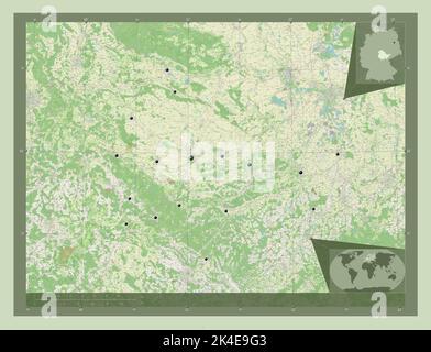 Thuringen, state of Germany. Open Street Map. Locations of major cities of the region. Corner auxiliary location maps Stock Photo