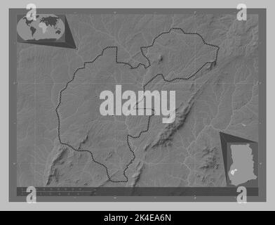 Ahafo, region of Ghana. Grayscale elevation map with lakes and rivers. Corner auxiliary location maps Stock Photo