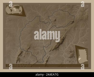 Ahafo, region of Ghana. Elevation map colored in sepia tones with lakes and rivers. Corner auxiliary location maps Stock Photo