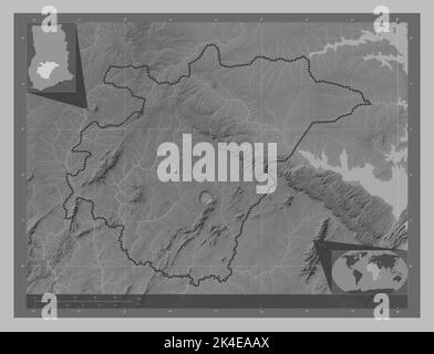 Ashanti, region of Ghana. Grayscale elevation map with lakes and rivers. Corner auxiliary location maps Stock Photo