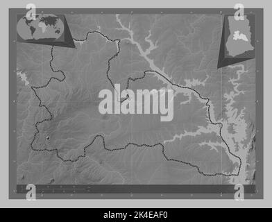 Bono East, region of Ghana. Grayscale elevation map with lakes and rivers. Corner auxiliary location maps Stock Photo