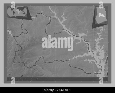 Bono East, region of Ghana. Grayscale elevation map with lakes and rivers. Locations of major cities of the region. Corner auxiliary location maps Stock Photo