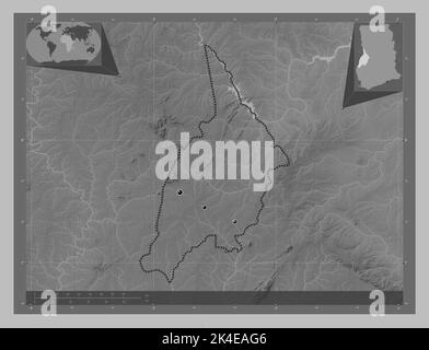 Bono, region of Ghana. Grayscale elevation map with lakes and rivers. Locations of major cities of the region. Corner auxiliary location maps Stock Photo