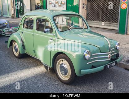 Loriol sur Drome, France - 17 September, 2022: Vintage turquoise Renault 4 CV, on the street. Classic car exhibition in Loriol sur Drome, France. Stock Photo