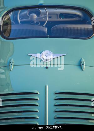 Loriol sur Drome, France - 17 September, 2022: Vintage turquoise Renault 4 CV, on the street. Classic car exhibition in Loriol sur Drome, France. Stock Photo