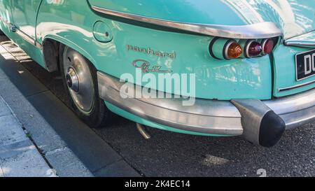 Loriol sur Drome, France - 17 September, 2022: Vintage turquoise Panhard PL 17, on the street. Classic car exhibition in Loriol sur Drome, France. Stock Photo