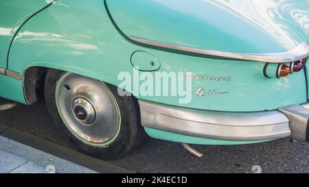 Loriol sur Drome, France - 17 September, 2022: Vintage turquoise Panhard PL 17, on the street. Classic car exhibition in Loriol sur Drome, France. Stock Photo