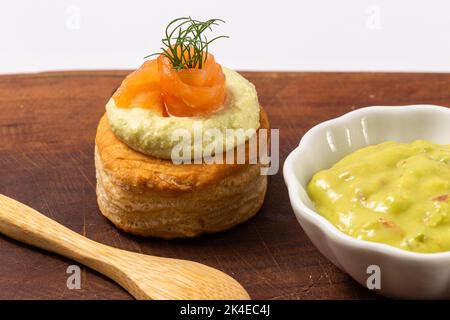 vol au vent with guacamole and smoked salmon Stock Photo