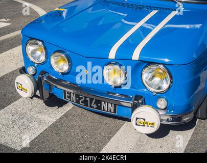 Loriol sur Drome, France - 17 September, 2022: Vintage blue Renault 8 Gordini 1300 racing car, on the street. Stock Photo