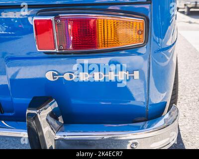 Loriol sur Drome, France - 17 September, 2022: Vintage blue Renault 8 Gordini 1300 racing car, on the street. Stock Photo