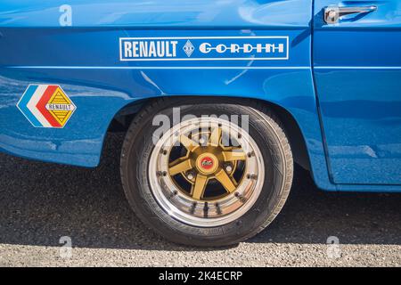 Loriol sur Drome, France - 17 September, 2022: Vintage blue Renault 8 Gordini 1300 racing car, on the street. Stock Photo