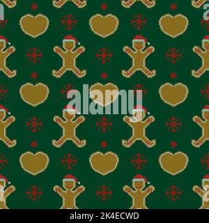 Merry Christmas vector seamless pattern. Gingerbread cookies cross stitch embroidery. Stock Vector