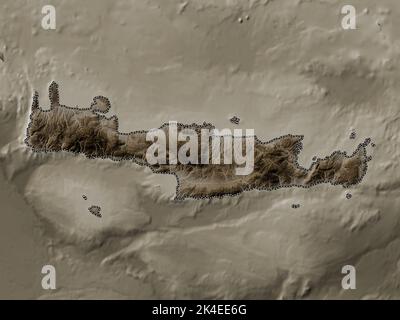 Crete, decentralized administration of Greece. Elevation map colored in sepia tones with lakes and rivers Stock Photo