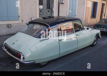 Loriol sur Drome, France - 17 September, 2022: Vintage light blue old car Citroen ID19 on the street. Classic car exhibition in Loriol sur Drome, Fran Stock Photo