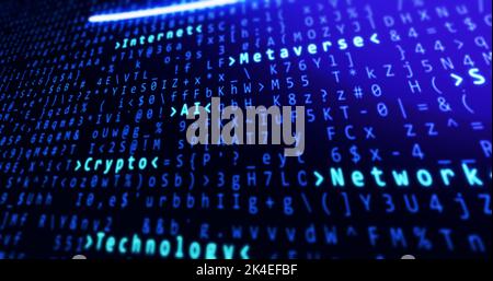 Binary code with crypto, internet, ai, network and metaverse text highlighting. Tech background. Stock Photo