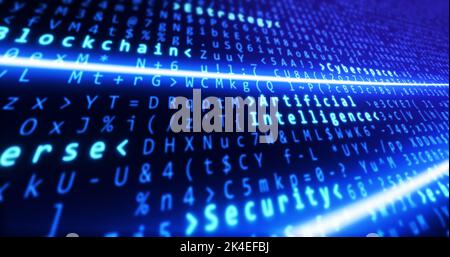 Binary code with artificial intelligence, block chain and security text highlighting and light lines connecting. Tech background. Stock Photo