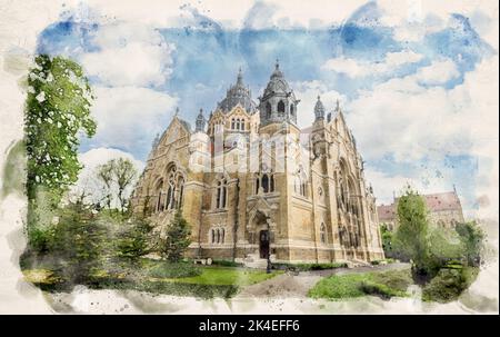 Szeged synagogue in Szeged, Hungary in watercolor illustration style. Designed by Lipot Baumhorn Stock Photo