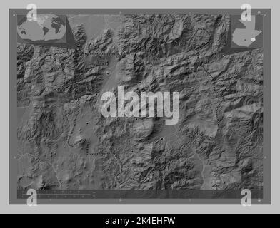 Chiquimula, department of Guatemala. Grayscale elevation map with lakes and rivers. Locations of major cities of the region. Corner auxiliary location Stock Photo