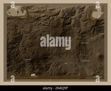 Jalapa, department of Guatemala. Elevation map colored in sepia tones with lakes and rivers. Locations and names of major cities of the region. Corner Stock Photo