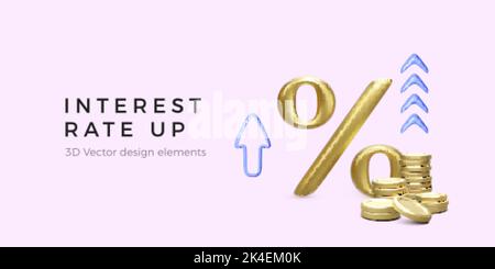 3D gold percent symbol with blue arrows in cartoon realistic style. Interest rate up and increase income. Business success concept. Vector illustratio Stock Vector