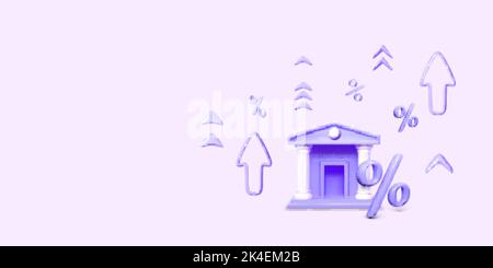 Bank building with percent rate up in 3D cartoon realistic style. Arrows rise above percentage symbol. Business banner or design element in purple col Stock Vector