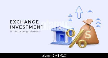 3D blue bank building with money bag and gold percent symbol arrows up. Success exchange investment. Bank deposit at a rise interest rate. Business ba Stock Vector