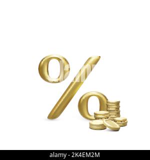 Gold 3D render percent symbol with golden coins stack. Interest rate for banking or business concept. Vector illustration Stock Vector