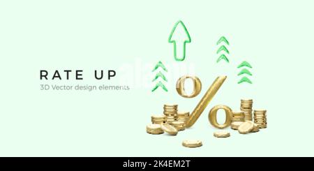 3D gold percent symbol with green arrows and gold coin stack in cartoon realistic style. Interest rate up and increase income. Business concept. Vecto Stock Vector