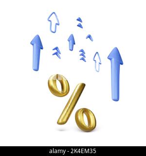 Gold percent icon with blue arrows in 3D cartoon style. Increase interest rate of bank deposit. Business and investment concept. Growth of stocks on s Stock Vector