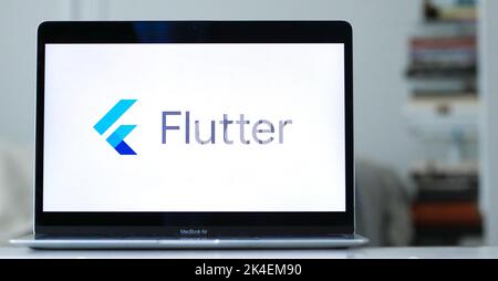 The logo of Google Flutter, an open-source software development UI toolkit developed by Google, on a computer screen in New York. Stock Photo