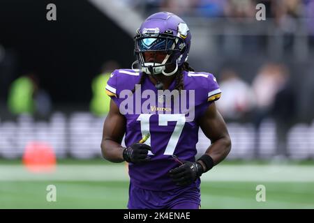 Minnesota Vikings wide receiver K.J. Osborn (17) reacts after a play  against the Seattle Seahawks during the second half an NFL football game,  Sunday, Sept. 26, 2021 in Minneapolis. Minnesota won 30-17. (