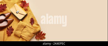 Stylish female sweater, handbag, shoes and autumn leaves on light background with space for text. Black Friday sale Stock Photo