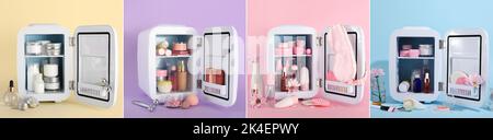 Set of small refrigerators with cosmetic products on color background Stock Photo