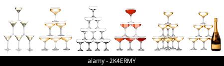 Set of towers made of glasses with champagne on white background Stock Photo