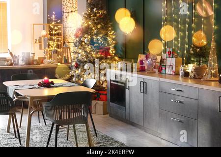 Beautifully decorated kitchen interior on Christmas eve Stock Photo