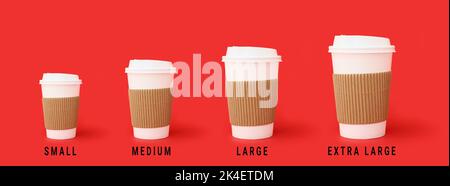 Different sized takeaway coffee cups on red background Stock Photo