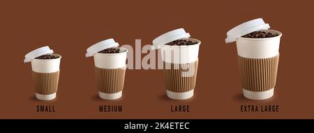 Different sized takeaway coffee cups on brown background Stock Photo