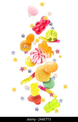 Many flying candies on white background Stock Photo