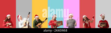 Set of people in Santa hats with different musical instruments and radio receivers on colorful background Stock Photo