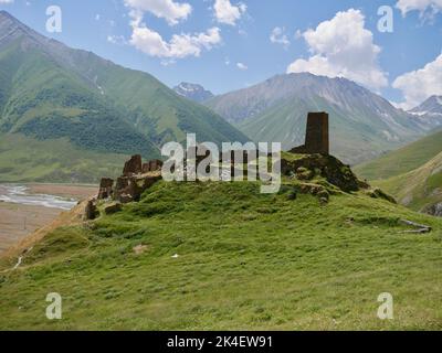 Zakagori fortress with defense tower in beautiful Truso valley in Kazbegi region, Caucasus mountains, Georgia. High quality photo Stock Photo