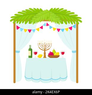 Traditional Sukkah hut with decorations and table with food for Jewish holiday Sukkot. Cute cartoon design, isolated vector illustration. Stock Vector