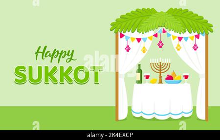 Happy Sukkot, Jewish holiday celebration. Traditional Sukkah hut with decorations and table with food. Cute cartoon design, vector illustration. Stock Vector